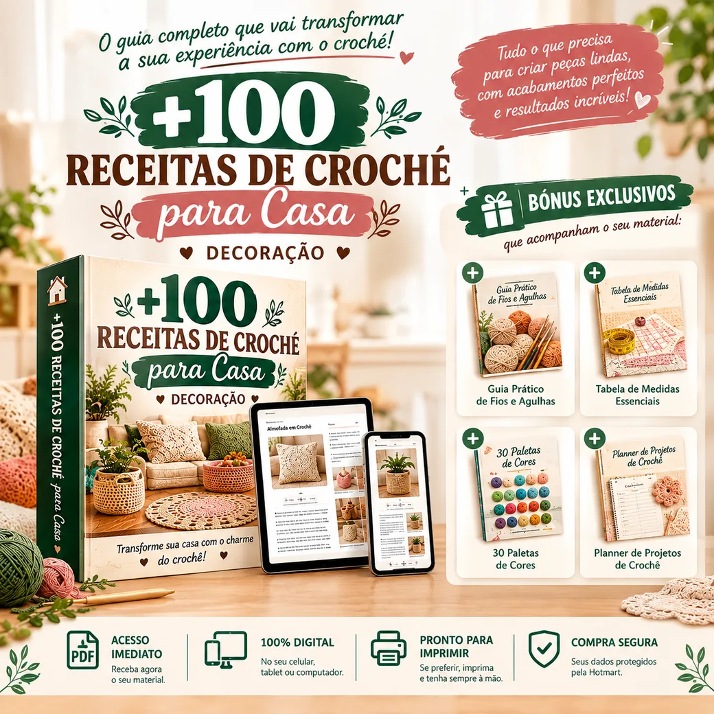 Material +100 Receitas de Croché para a Casa com os 4 bónus exclusivos